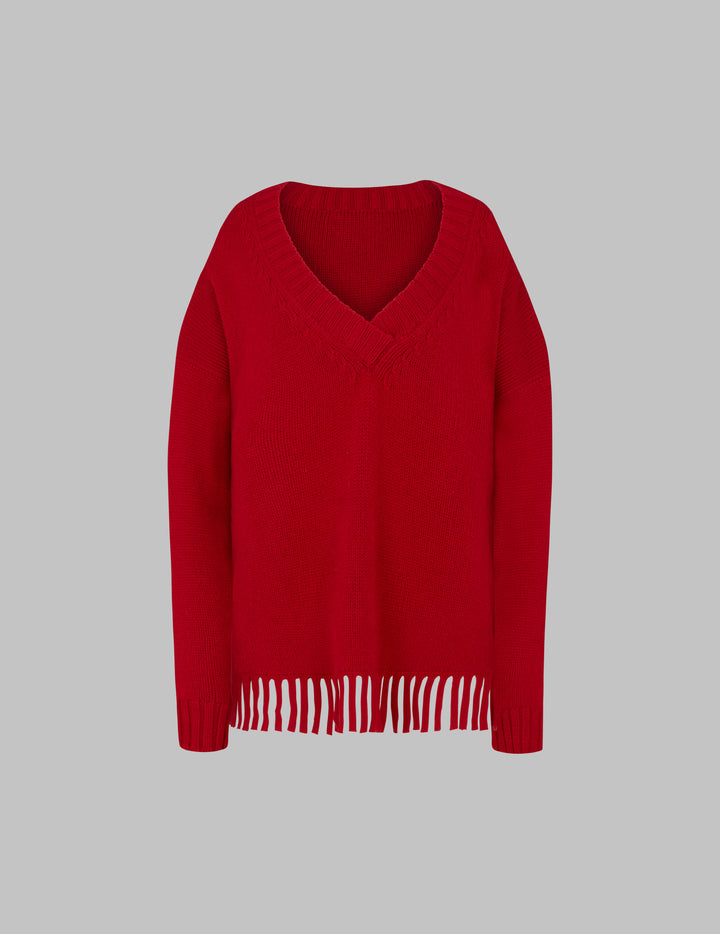 Garnet V Neck Fringed Cashmere Sweater