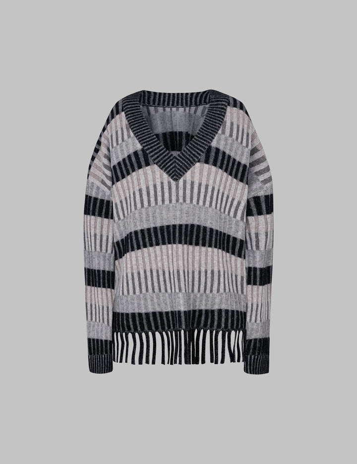 Multi-Grey Striped V Neck Fringed Sweater