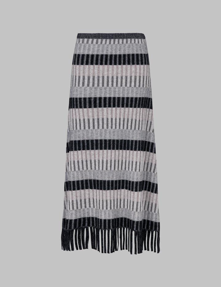 Multi-Grey Cashmere Striped Fringed Skirt