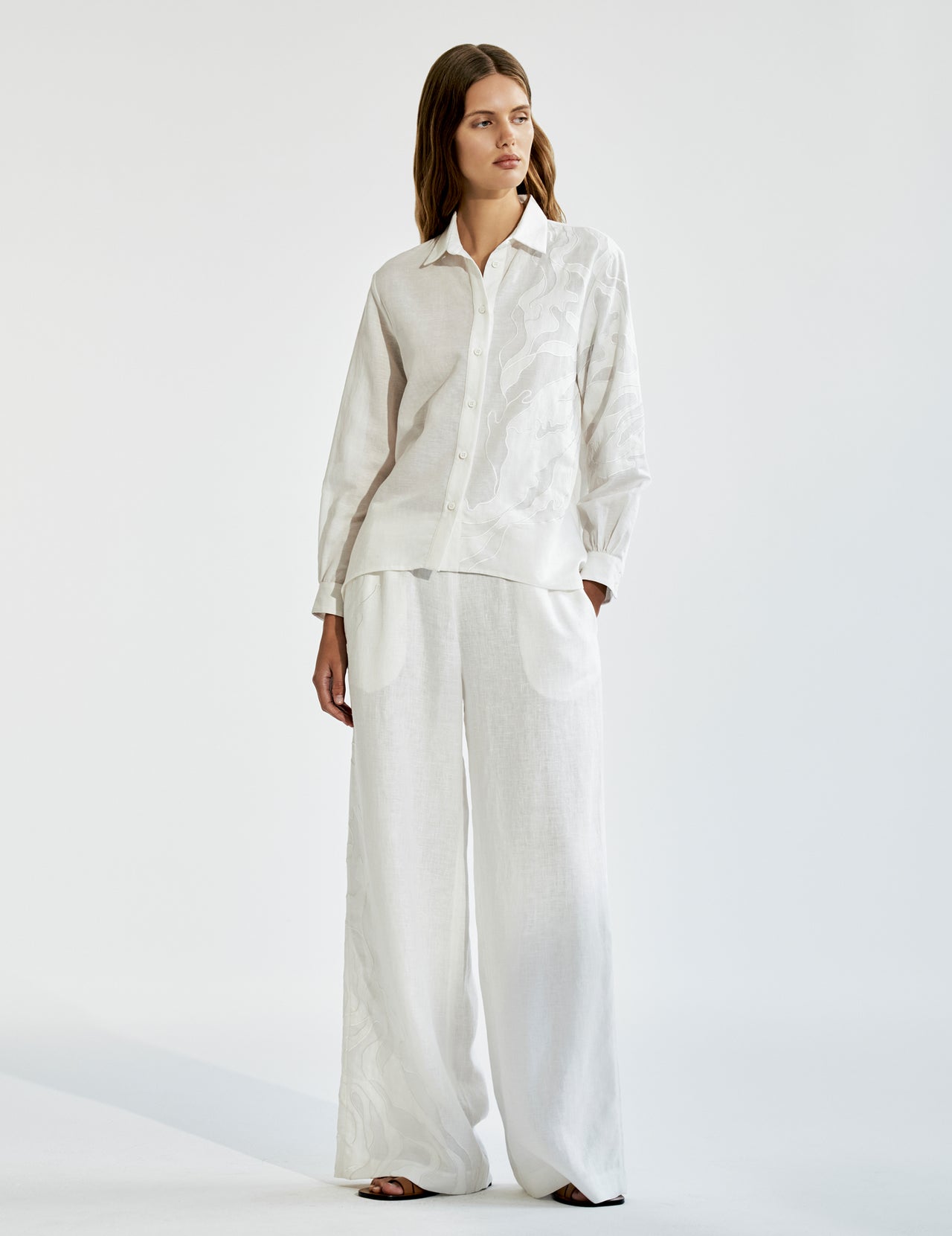  White Linen Wide Leg Drawstring Trousers with Cutwork Appliqué 