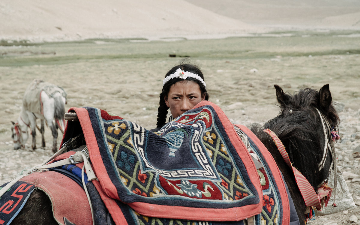 Changpa person standing next to a horse carrying pashmina fabric
