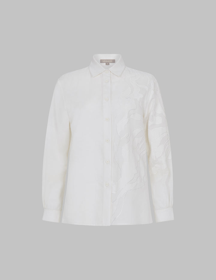 White Linen Palmer Shirt With Cutwork Appliqué