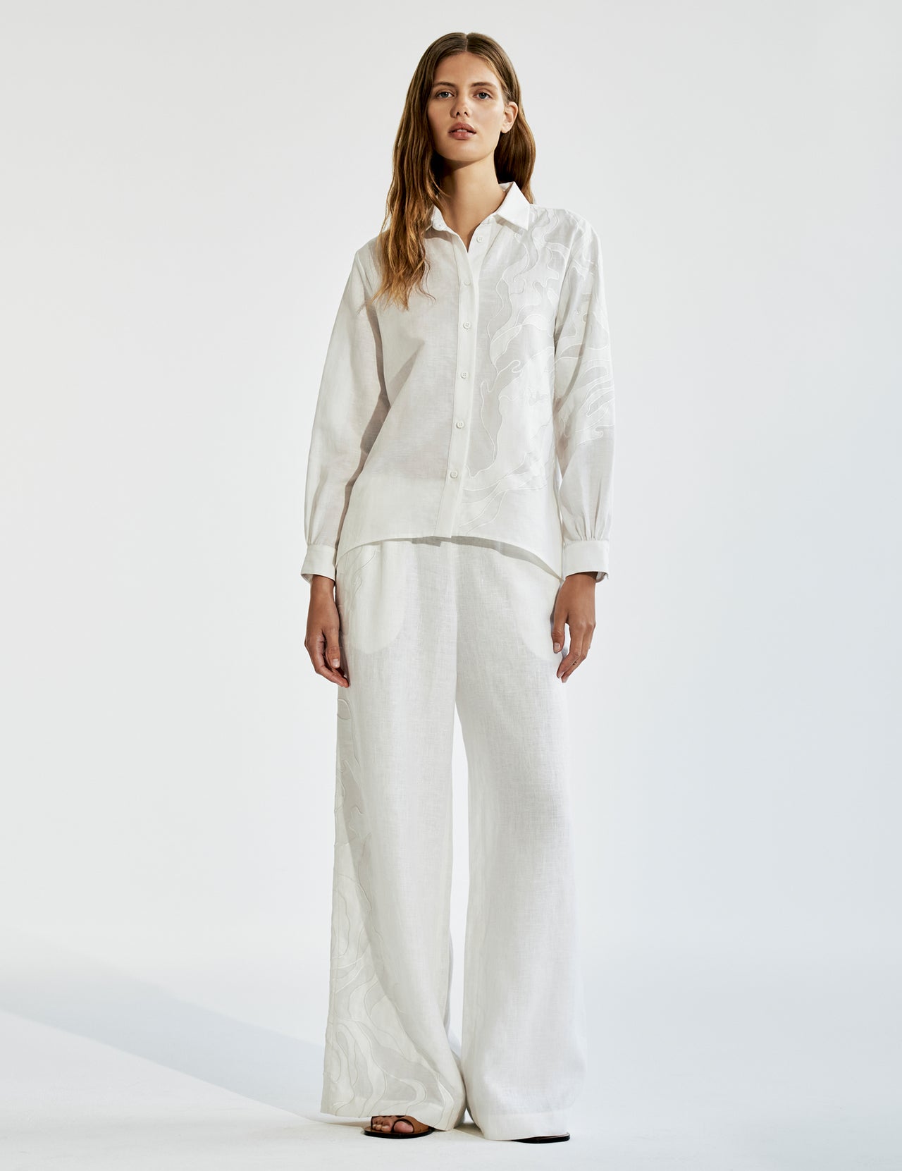  White Linen Palmer Shirt With Cutwork Appliqué  