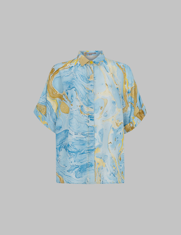 Marble Print Silk Kimono Sleeve Shirt