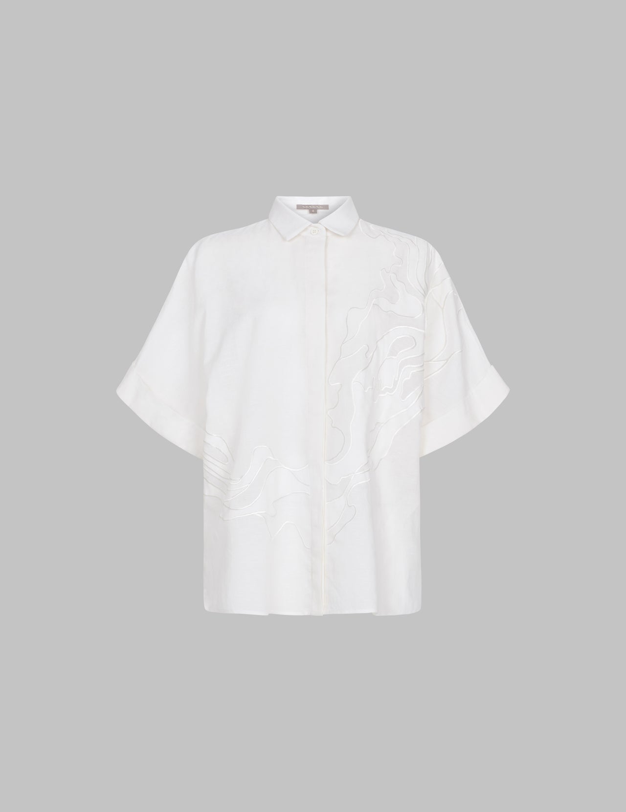  White Linen Kimono Sleeve Shirt With Cutwork Appliqué | Varana 