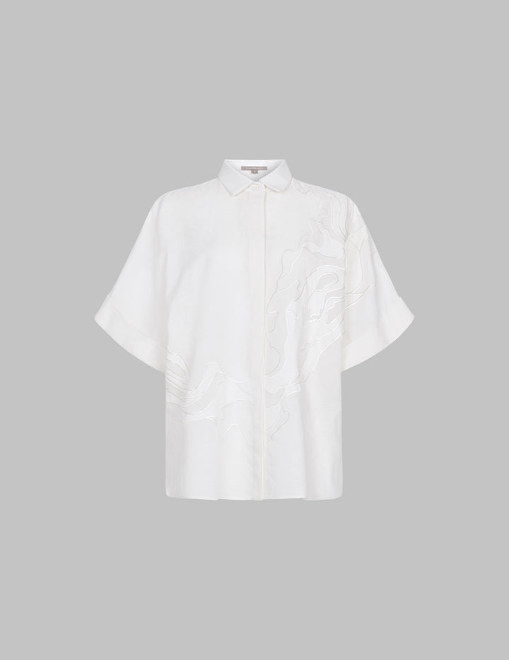 White Linen Kimono Sleeve Shirt With Cutwork Appliqué
