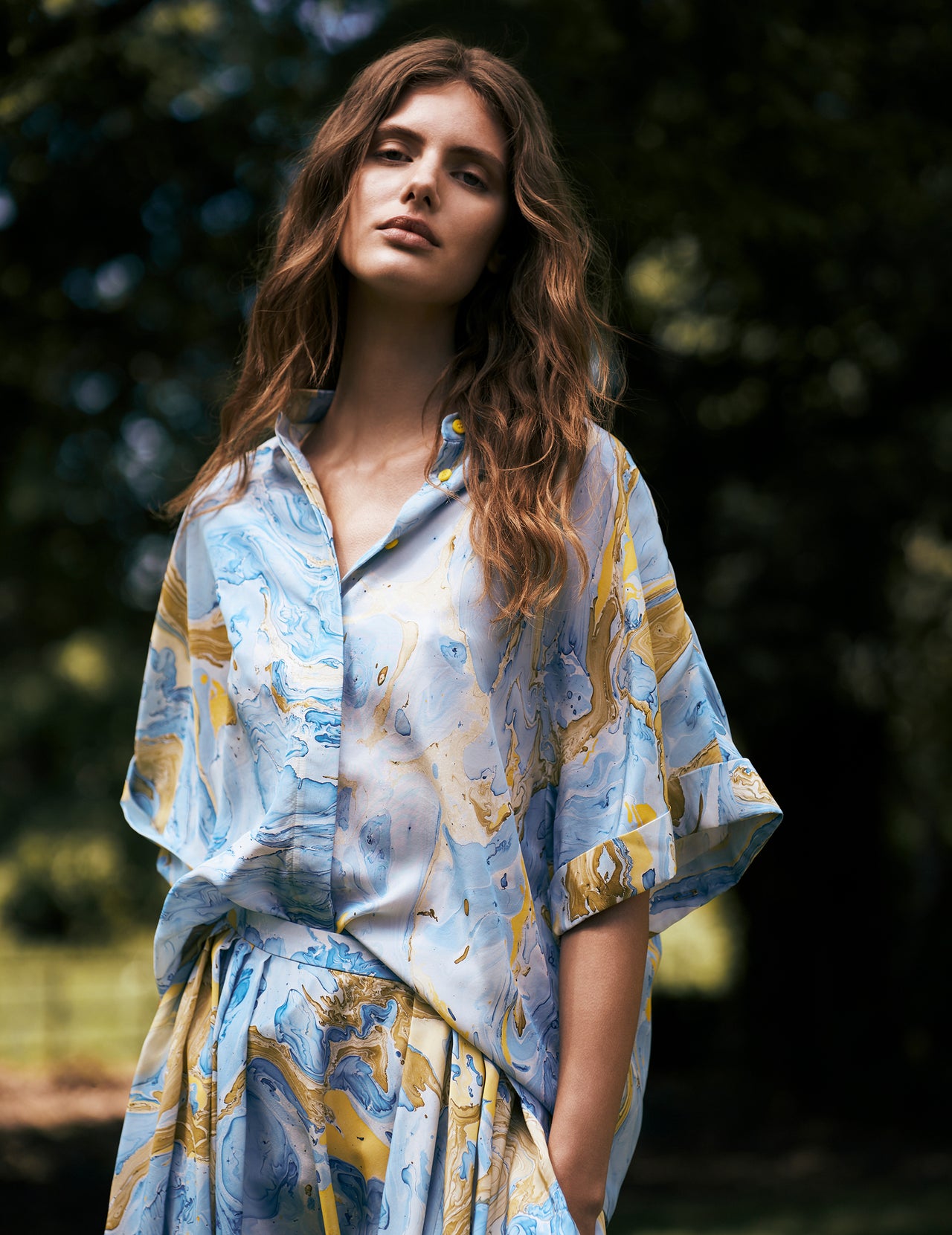  Marble Print Silk Kimono Sleeve Shirt | Varana 