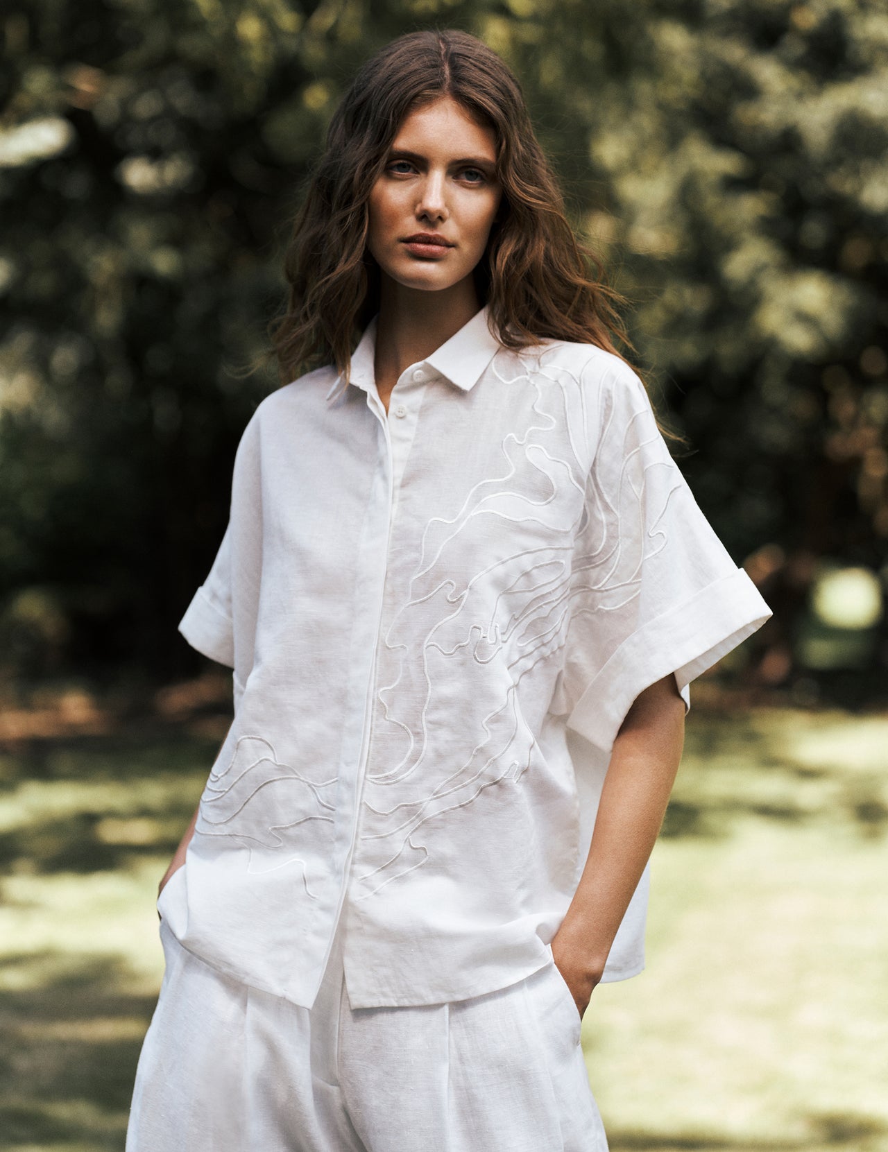  White Linen Kimono Sleeve Shirt With Cutwork Appliqué | Varana 