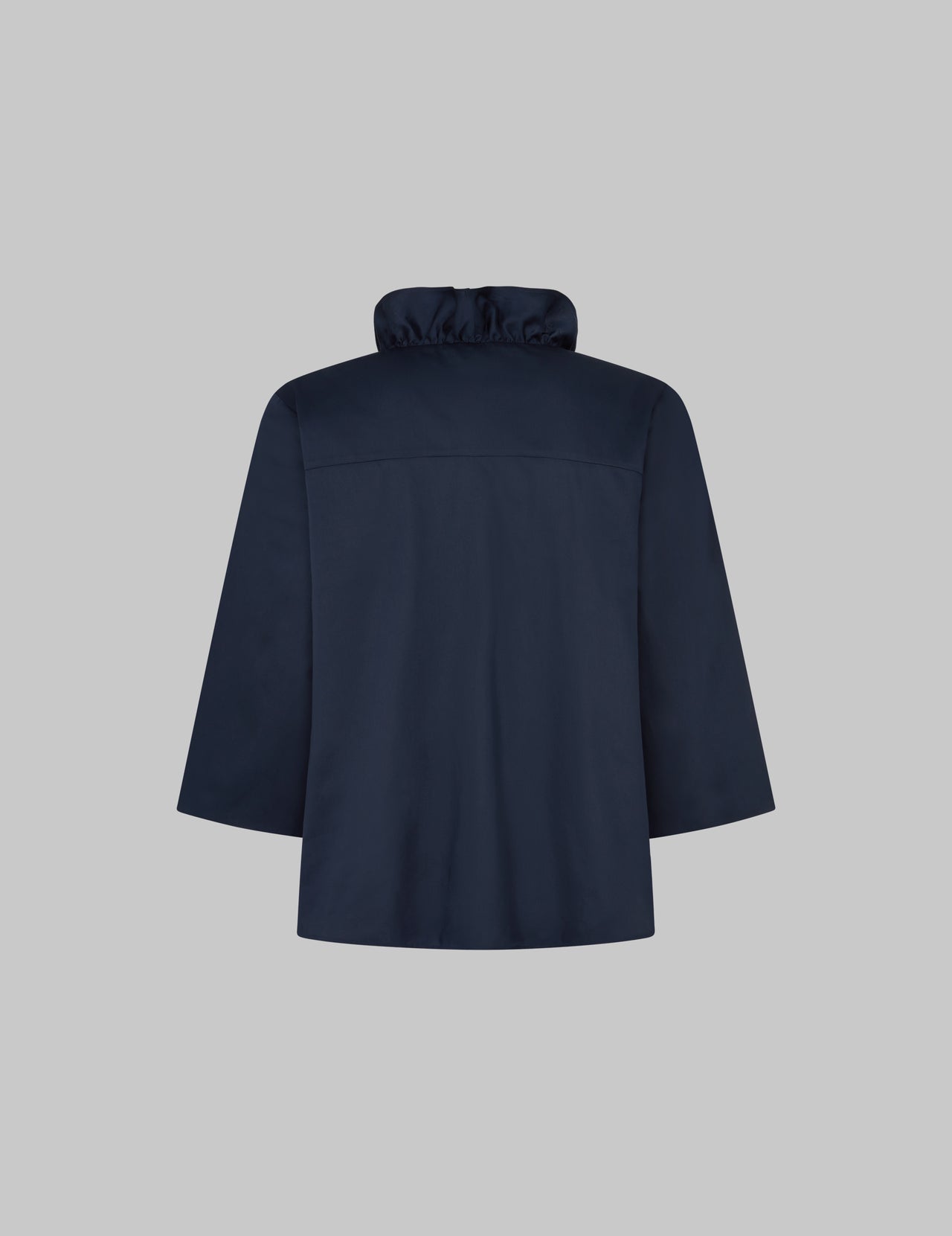  Navy Cotton Sateen V Neck Ruffle Shirt | Varana 