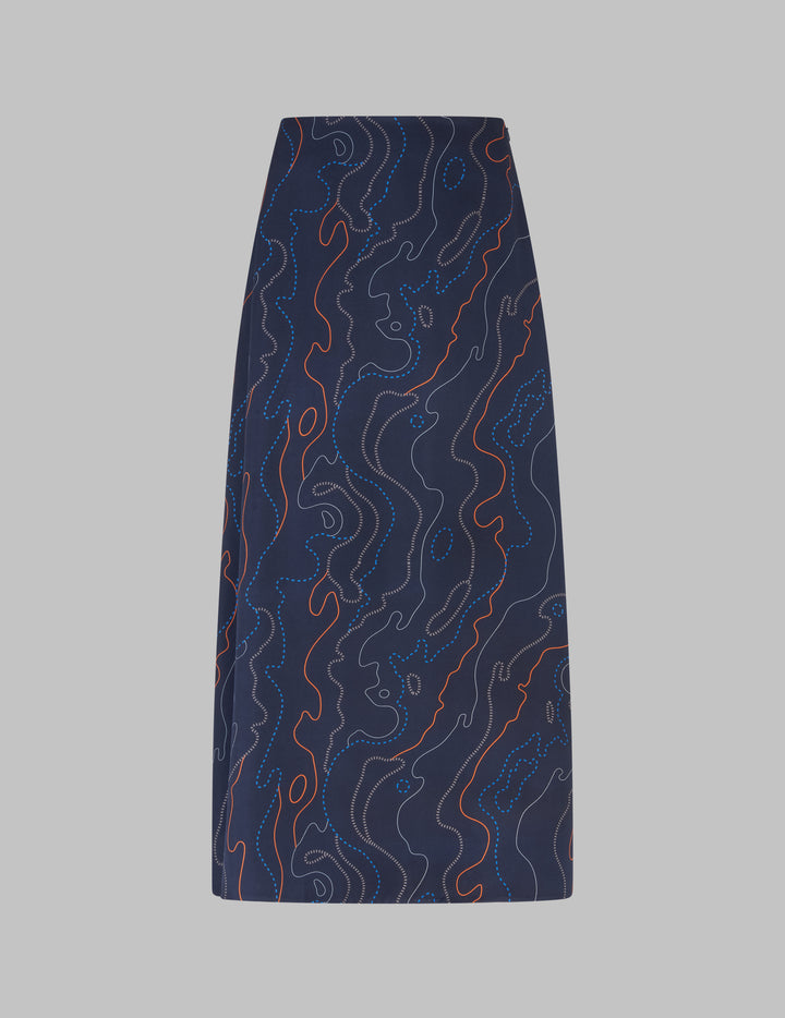 Navy River Print Silk Maxi Skirt