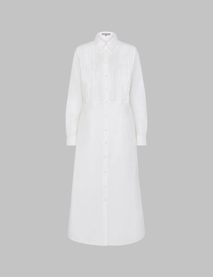 White Cotton Mercara Shirt Dress with Pintuck Pleating