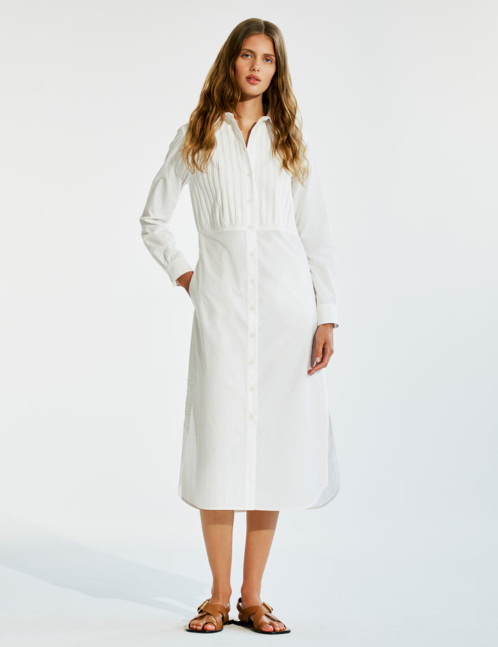 White Cotton Mercara Shirt Dress with Pintuck Pleating