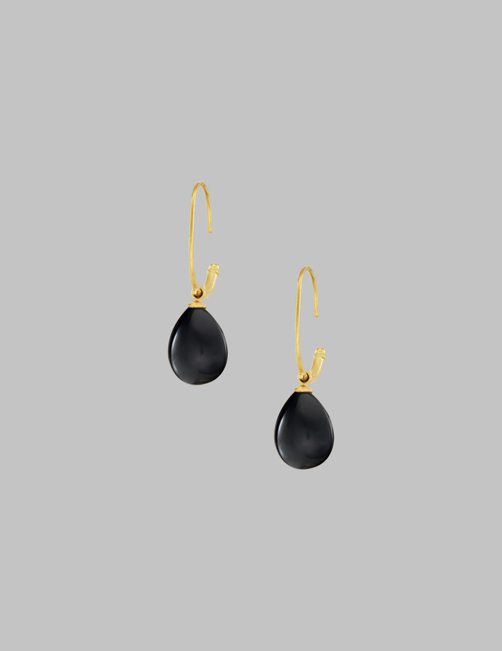 Black Onyx Gold Hoop Drop Earrings