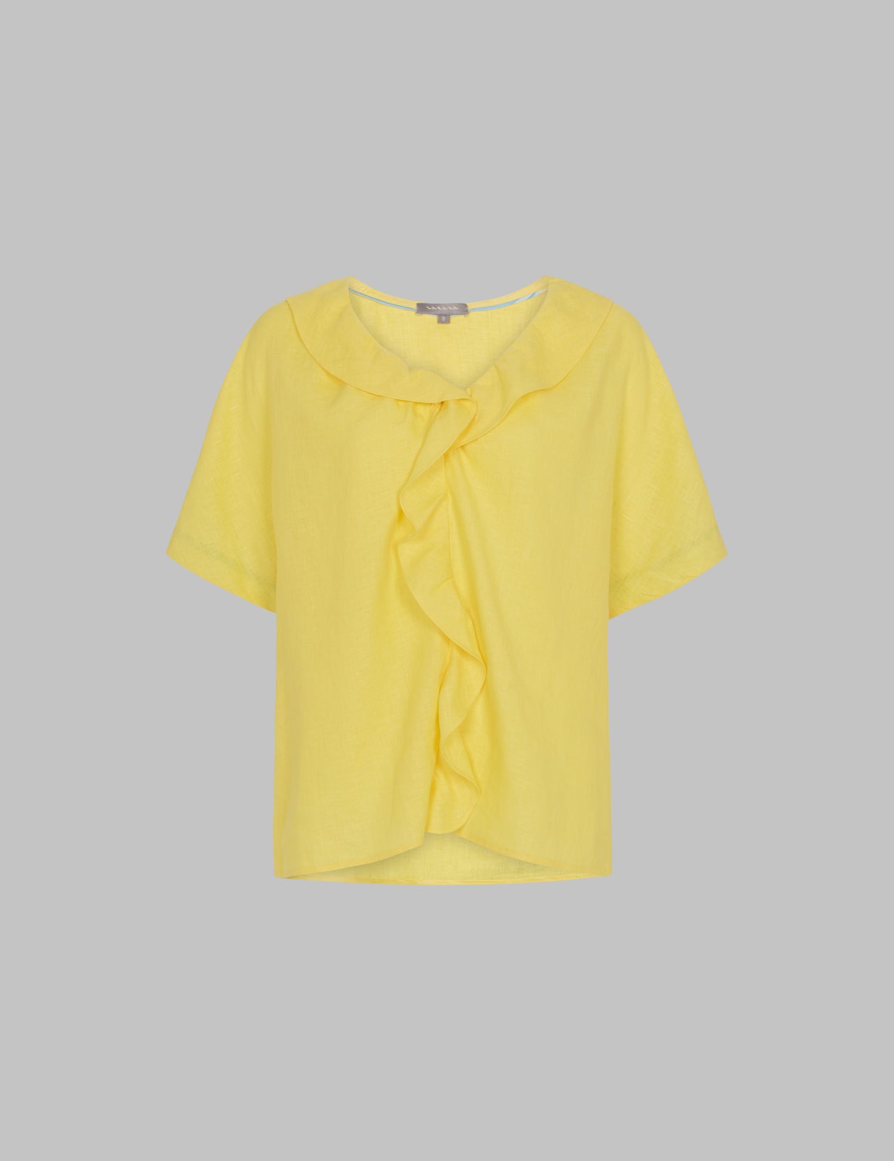  Primrose Yellow Linen Short Sleeve Ruffle V Neck Top  