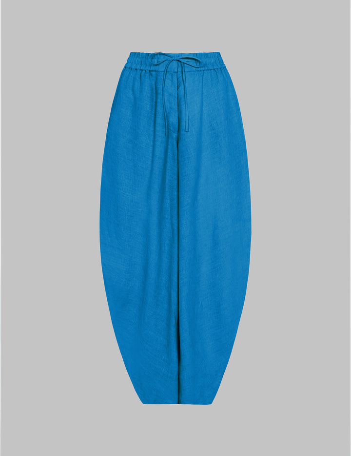 Mid Blue Linen Cropped Drawstring Trousers