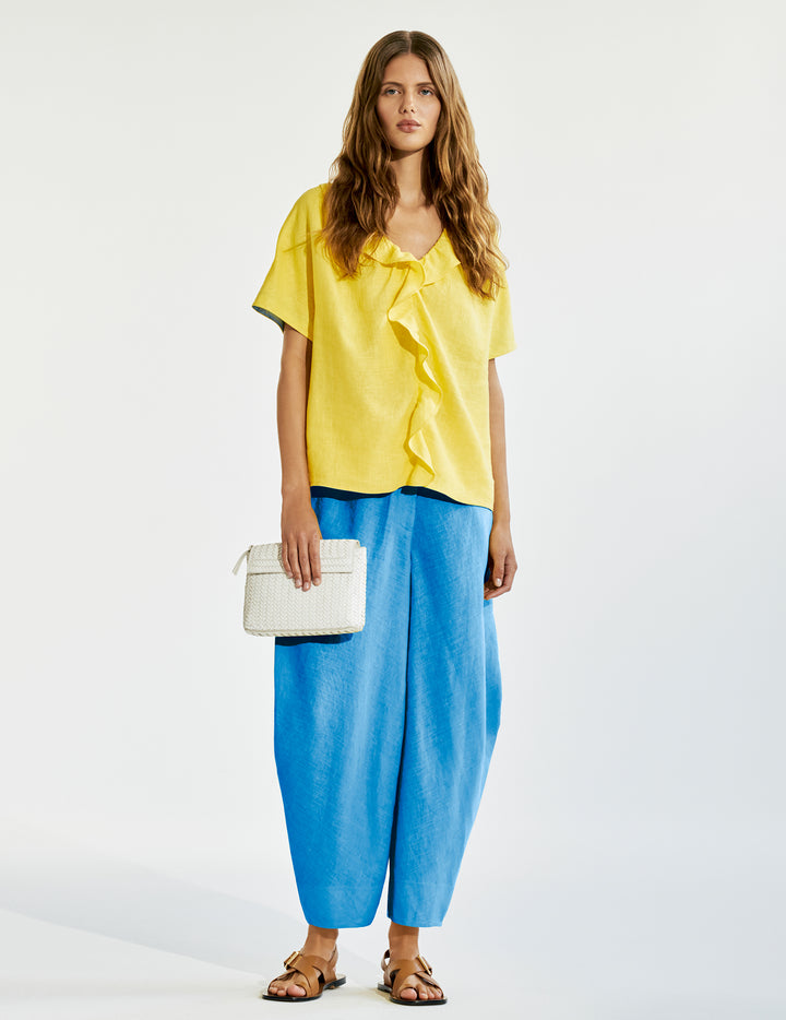 Mid Blue Linen Cropped Drawstring Trousers