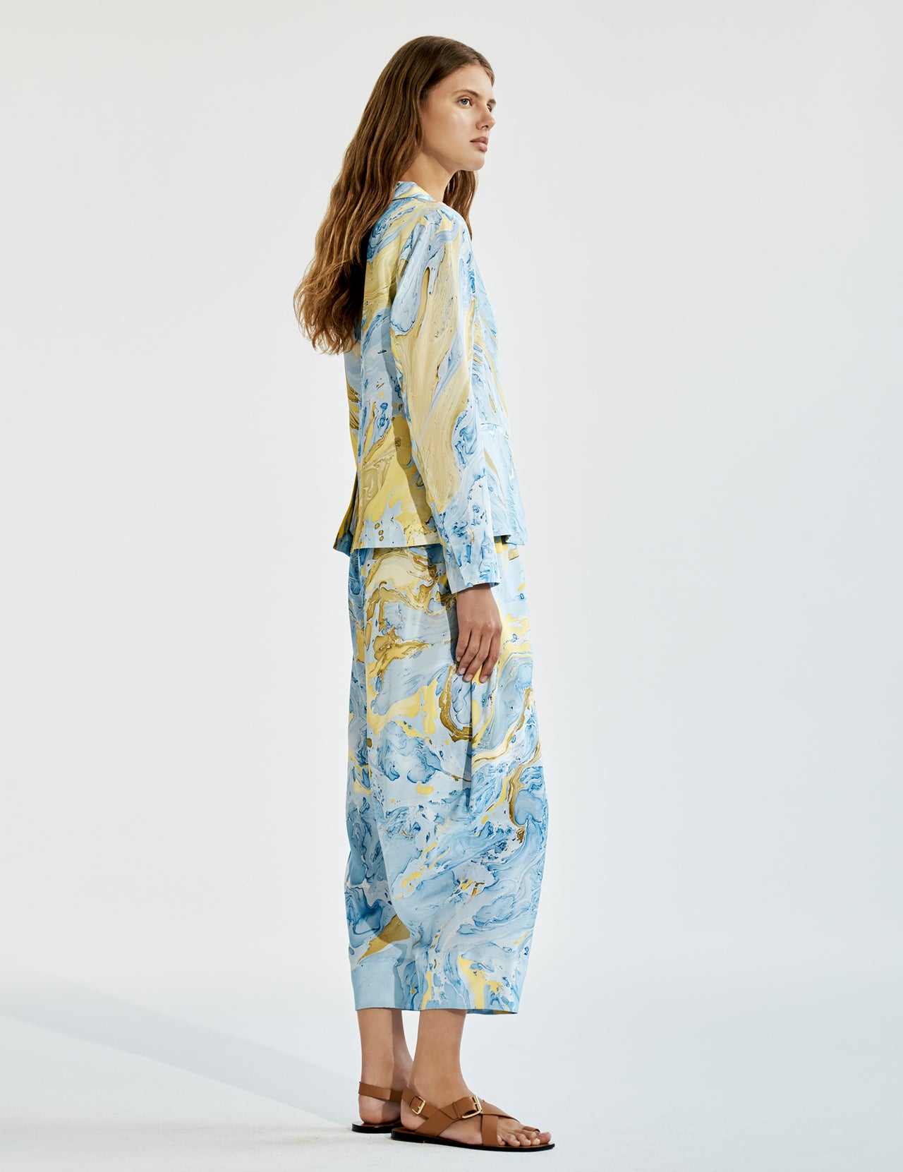  Marble Print Silk Cropped Drawstring Trousers  