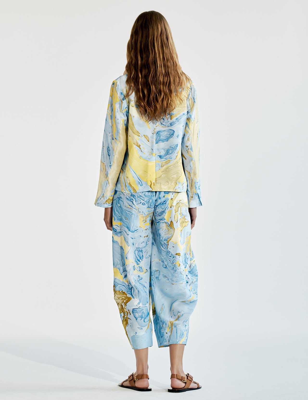  Marble Print Silk Cropped Drawstring Trousers  