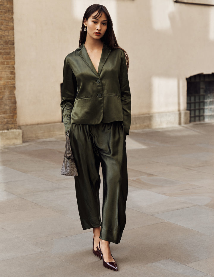 Olive Green Cropped Drawstring Trousers