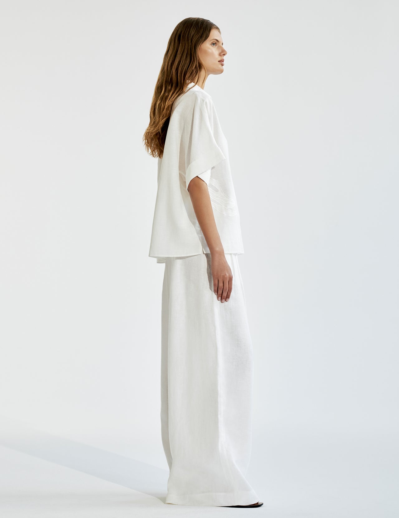  White Linen High Waisted Wide Leg Trousers  