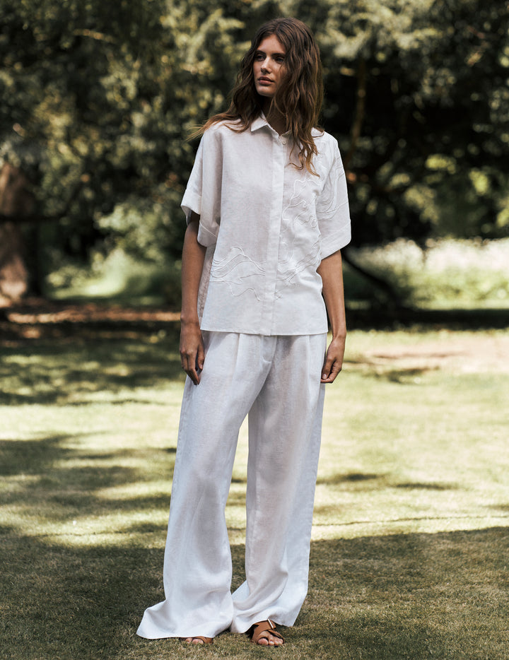 White Linen High Waisted Wide Leg Trousers