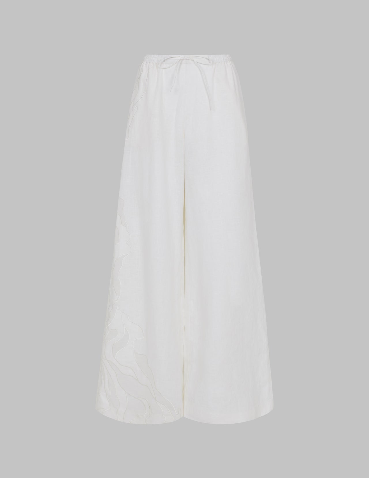  White Linen Drawstring Wide Leg Trousers with Cutwork Appliqué 
