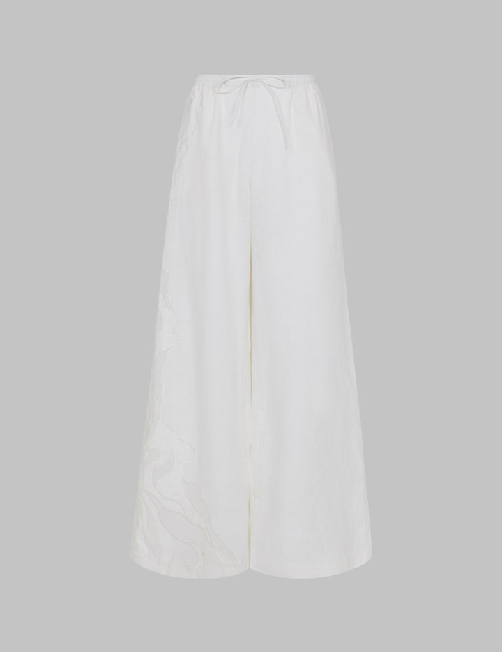 White Linen Wide Leg Drawstring Trousers with Cutwork Appliqué