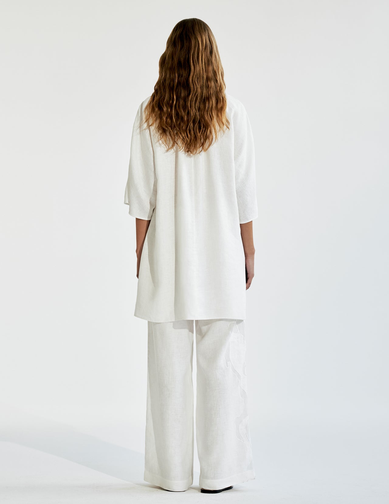  White Linen Drawstring Wide Leg Trousers with Cutwork Appliqué  