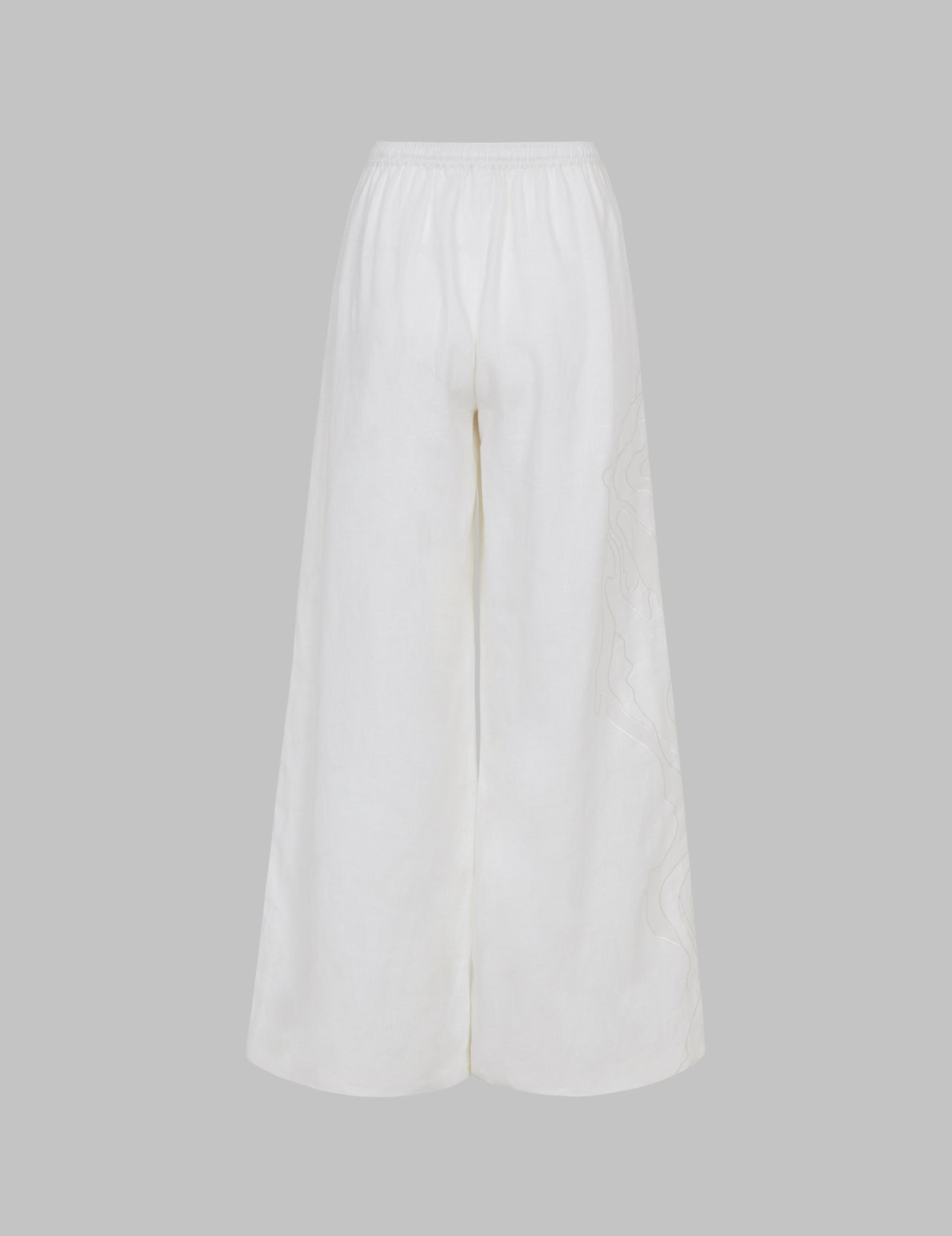  White Linen Drawstring Wide Leg Trousers with Cutwork Appliqué 