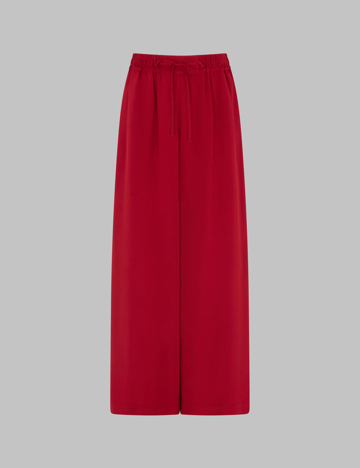 Coulis Red Silk Wide Leg Drawstring Trousers