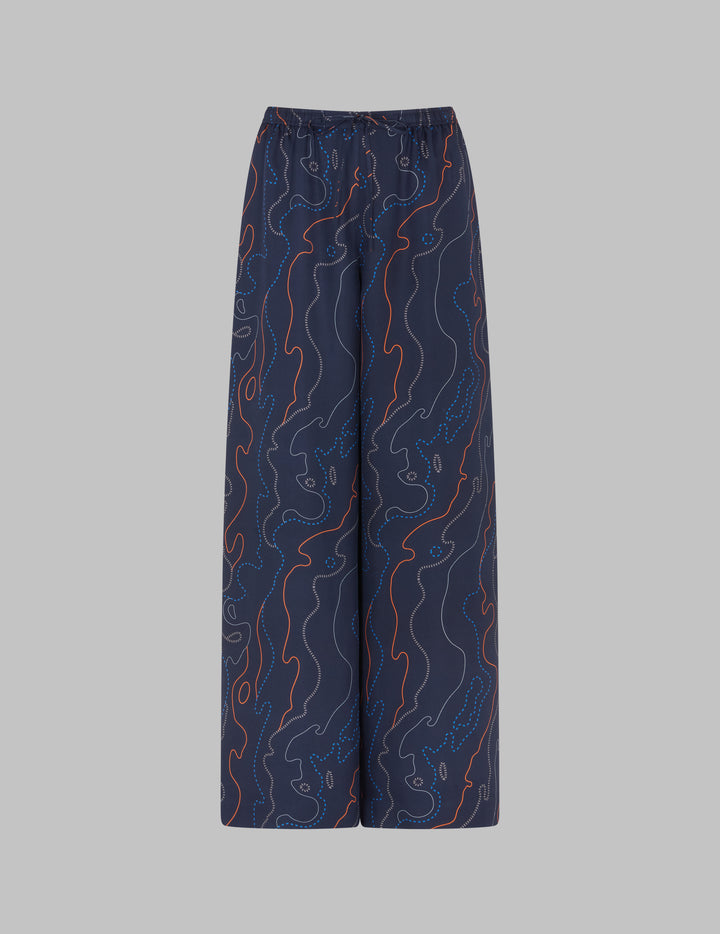 Navy River Print Silk Wide Leg Drawstring Trousers