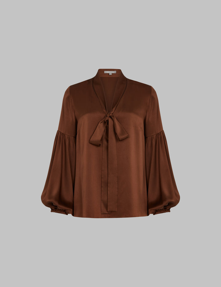 Brown Silk Satin Kelly Blouse With Neck Tie