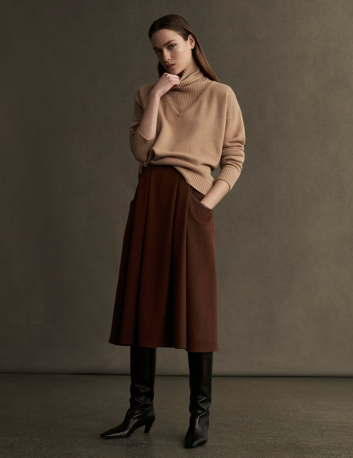 Brown Wool Vivien Pleated Midi Skirt