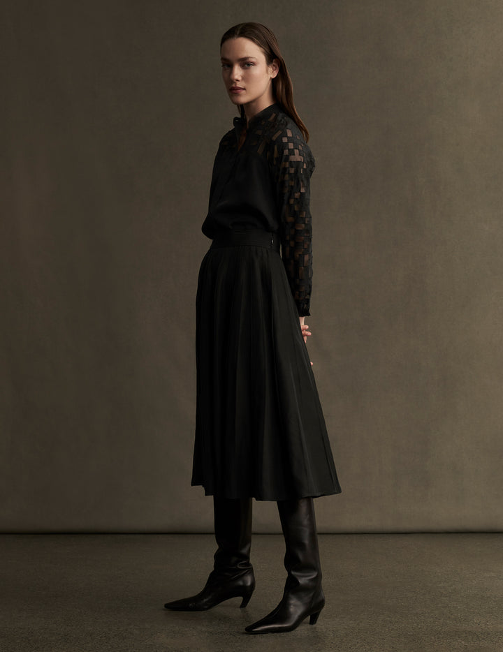 Black Silk Panelled Apsara Midi Skirt