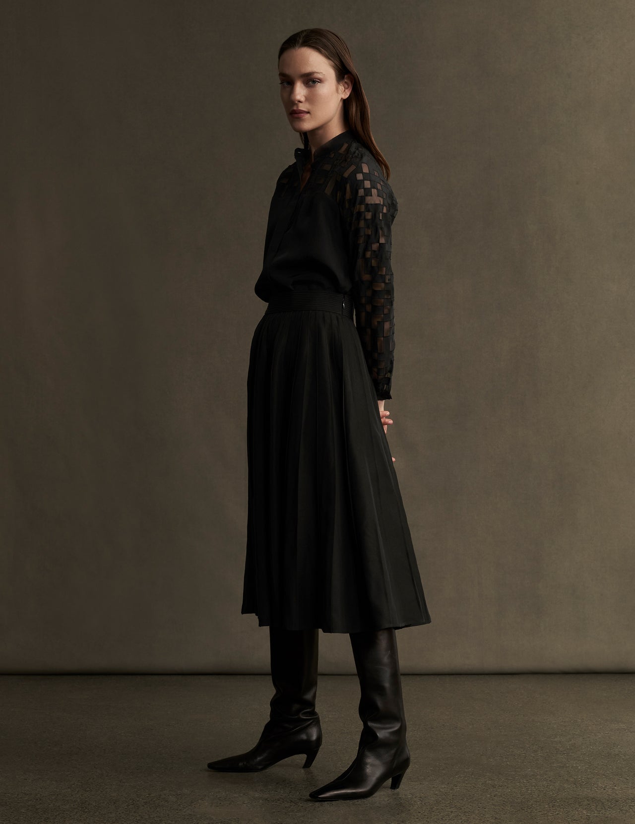  Black Silk Shirt with Jami Cut Work Appliqué 