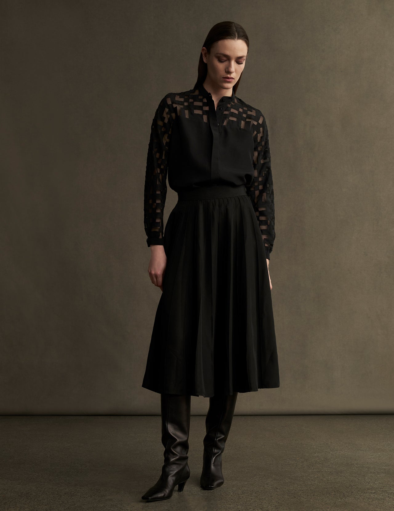  Black Silk Shirt with Jami Cut Work Appliqué | Varana 