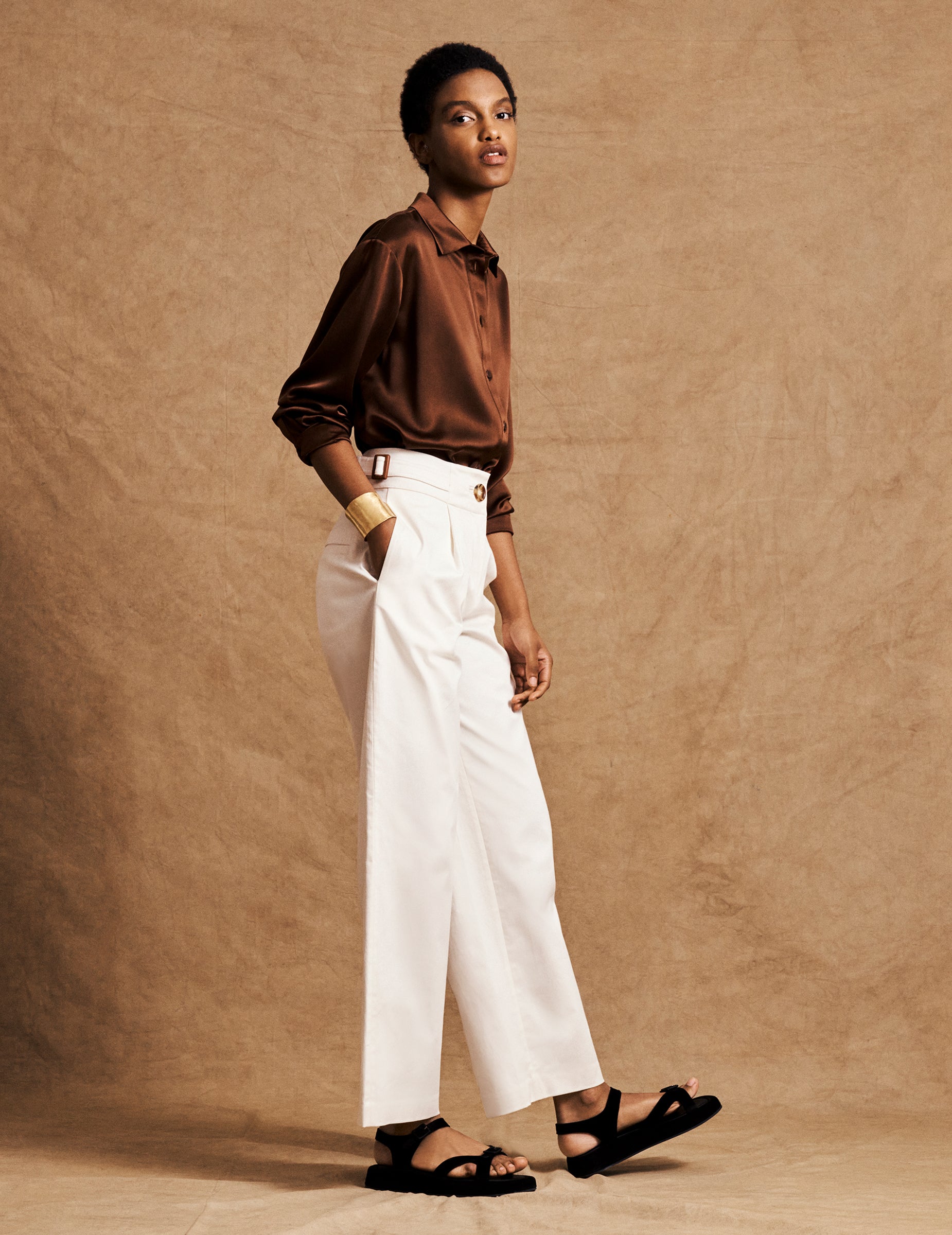 Brown Blouse with White Wide Leg Trousers