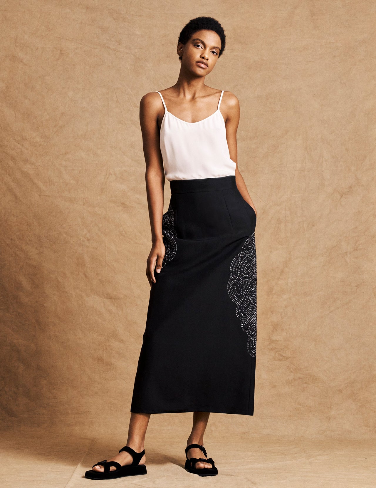  Black Silk Embroidered Maxi Skirt 