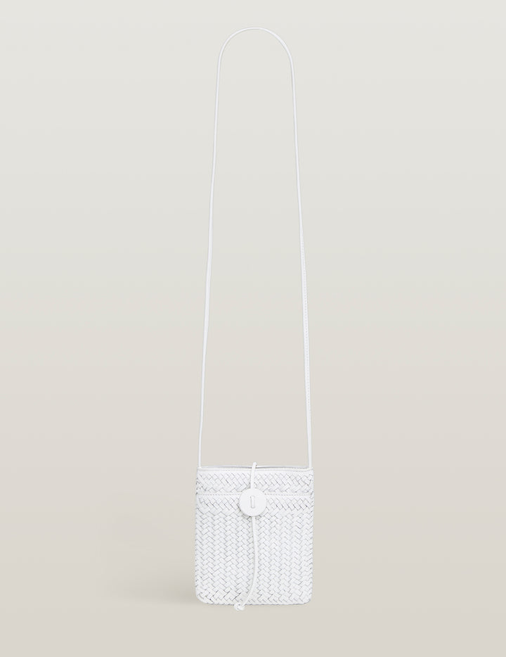 White Handwoven Leather Cross Body Phone Bag