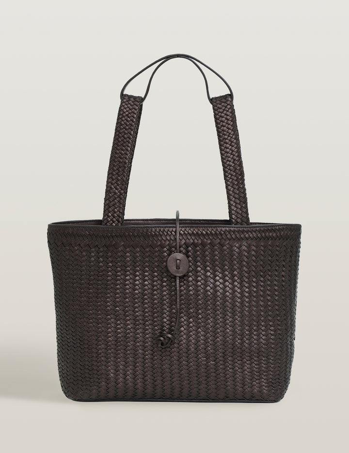 Metallic Brown Handwoven Leather Double Strap Tote Bag