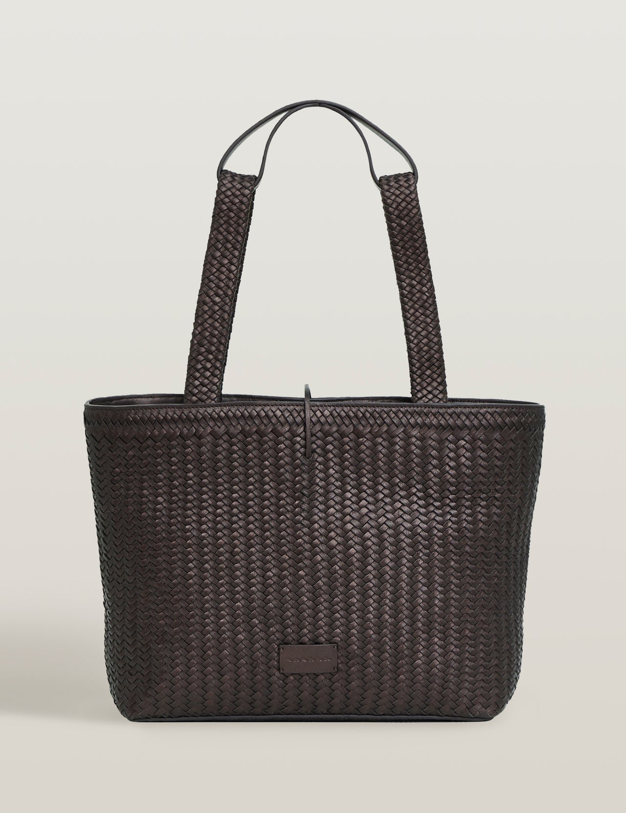 Metallic Brown Handwoven Leather Double Strap Tote Bag 