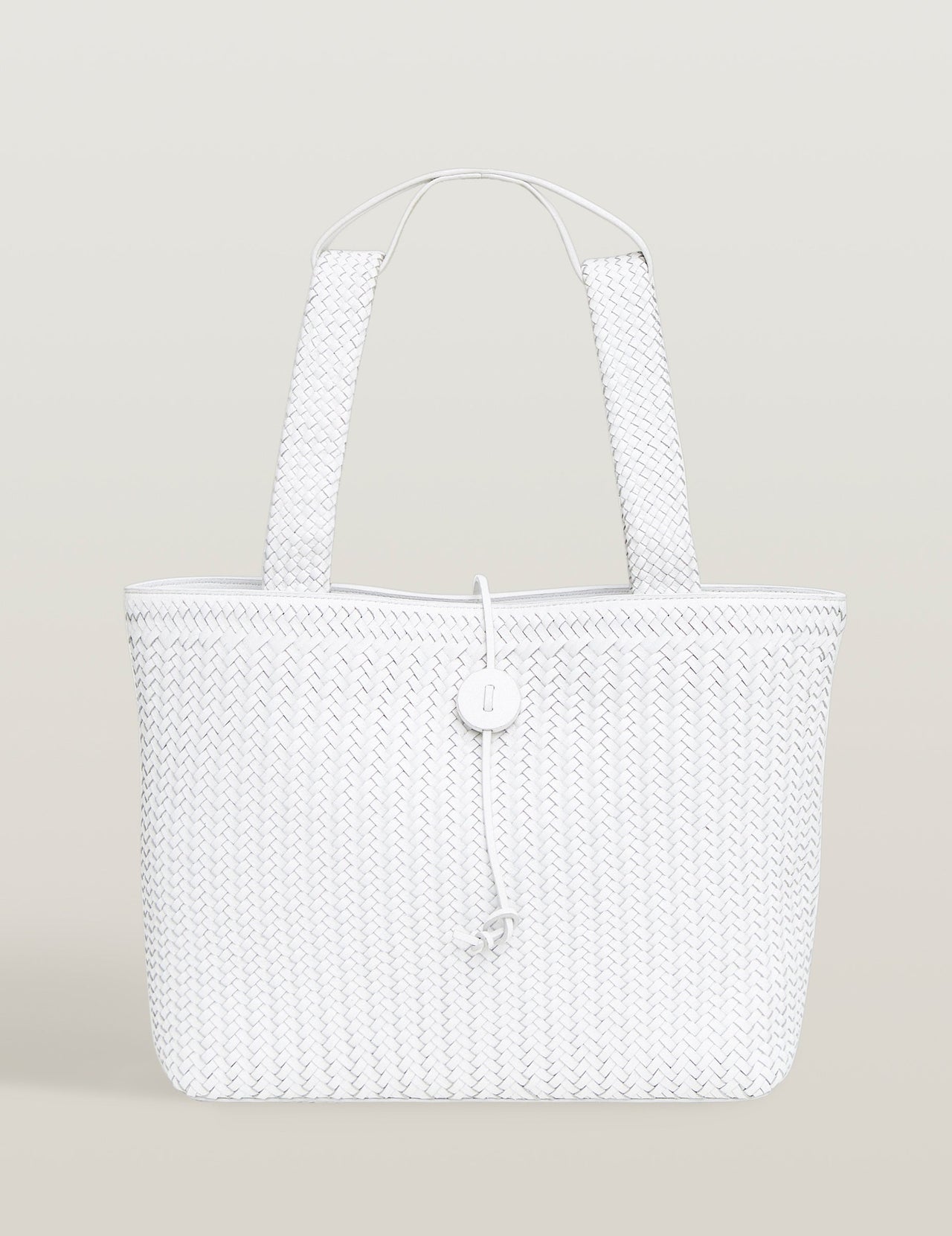  White Handwoven Leather Double Strap Tote Bag 
