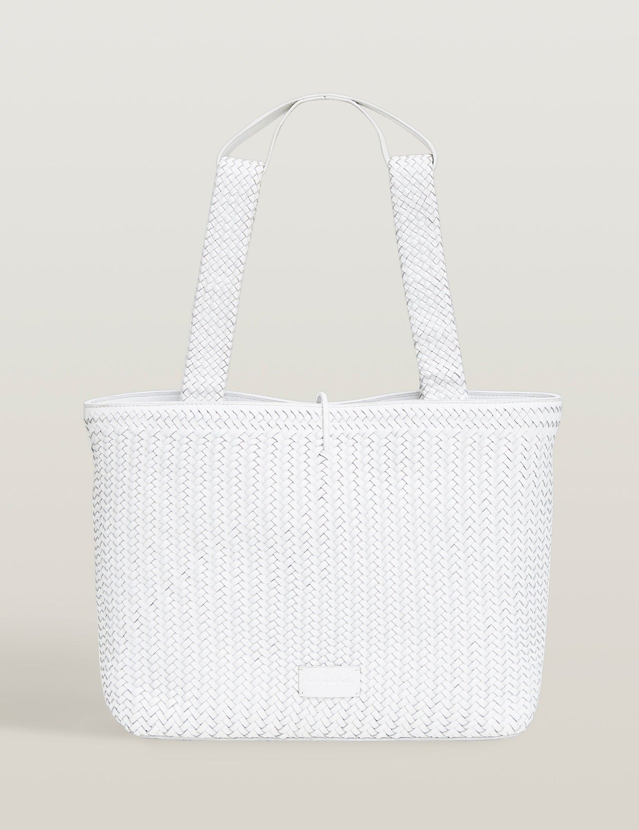  White Handwoven Leather Double Strap Tote Bag 