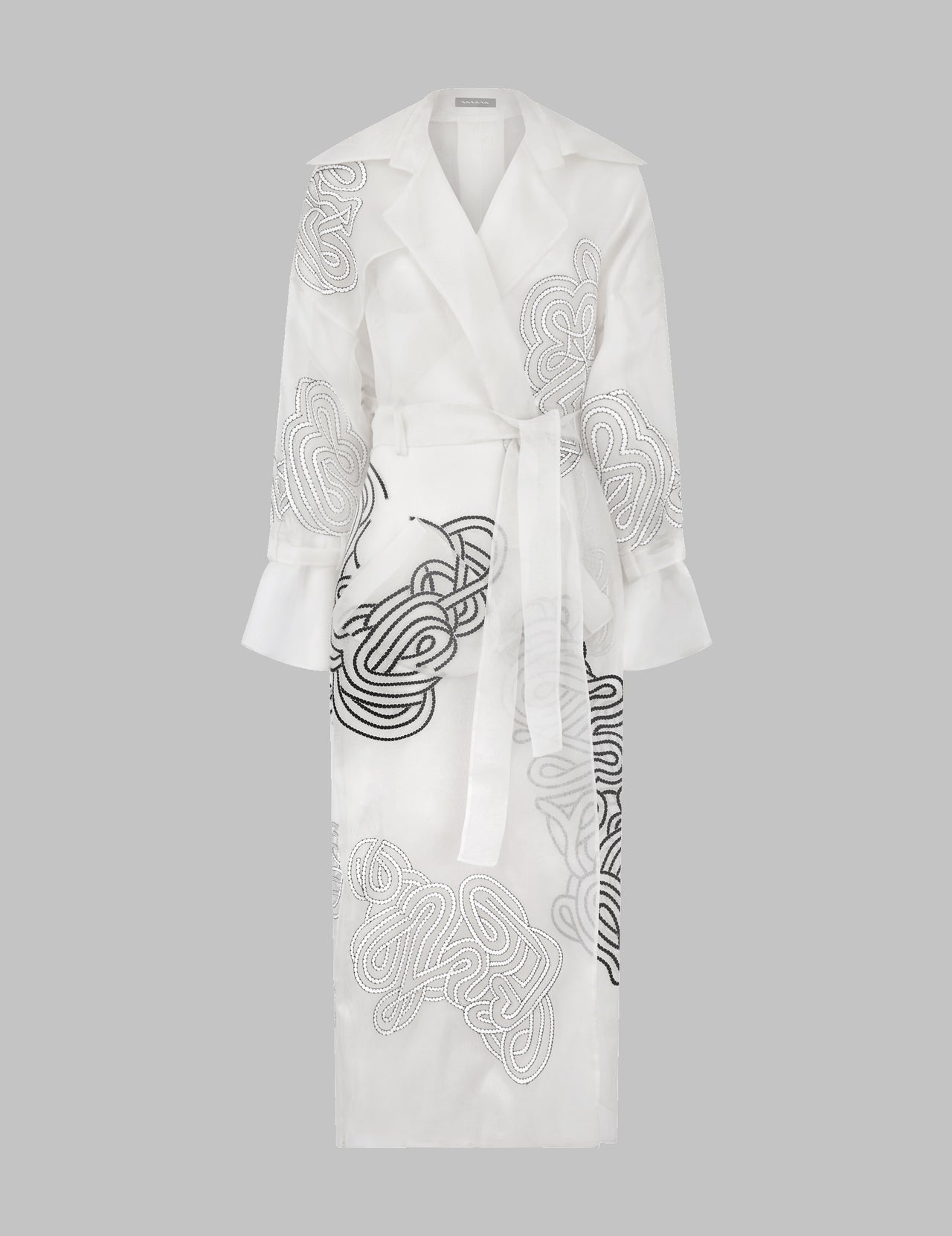  White Rabari Embroidered Silk Organza Trench Coat | Varana 