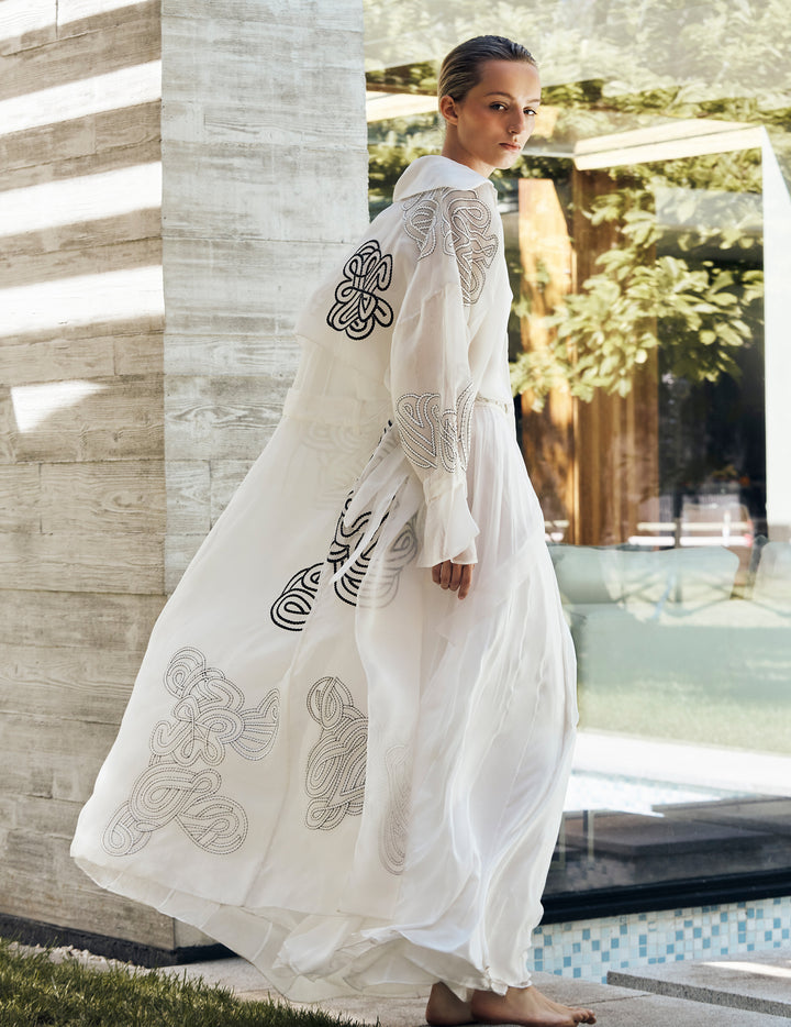 White Rabari Embroidered Silk Organza Trench Coat