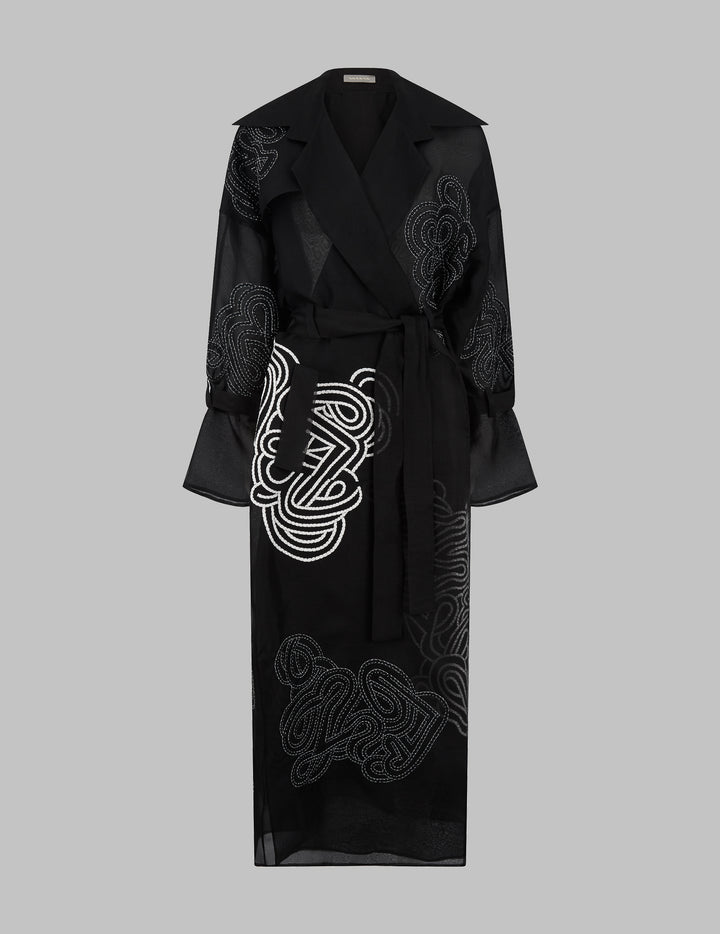Black Rabari Embroidered Silk Organza Trench Coat