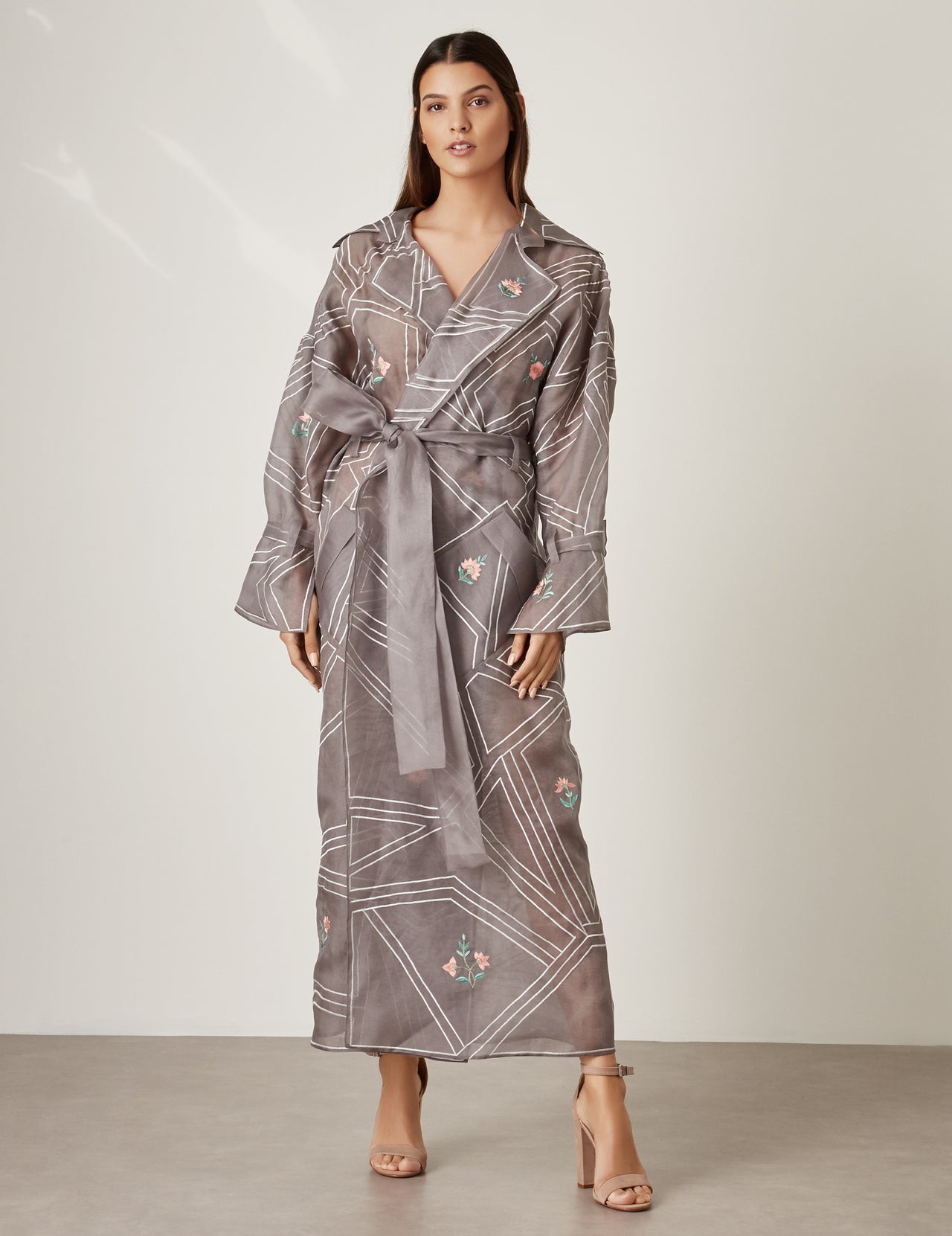  Grey Silk Embroidered Trench Coat 