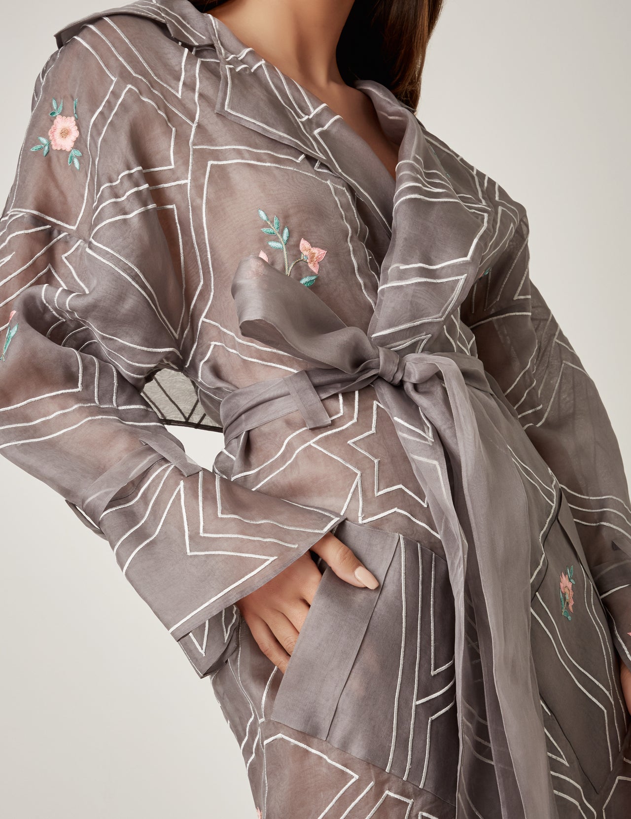  Grey Silk Embroidered Trench Coat 