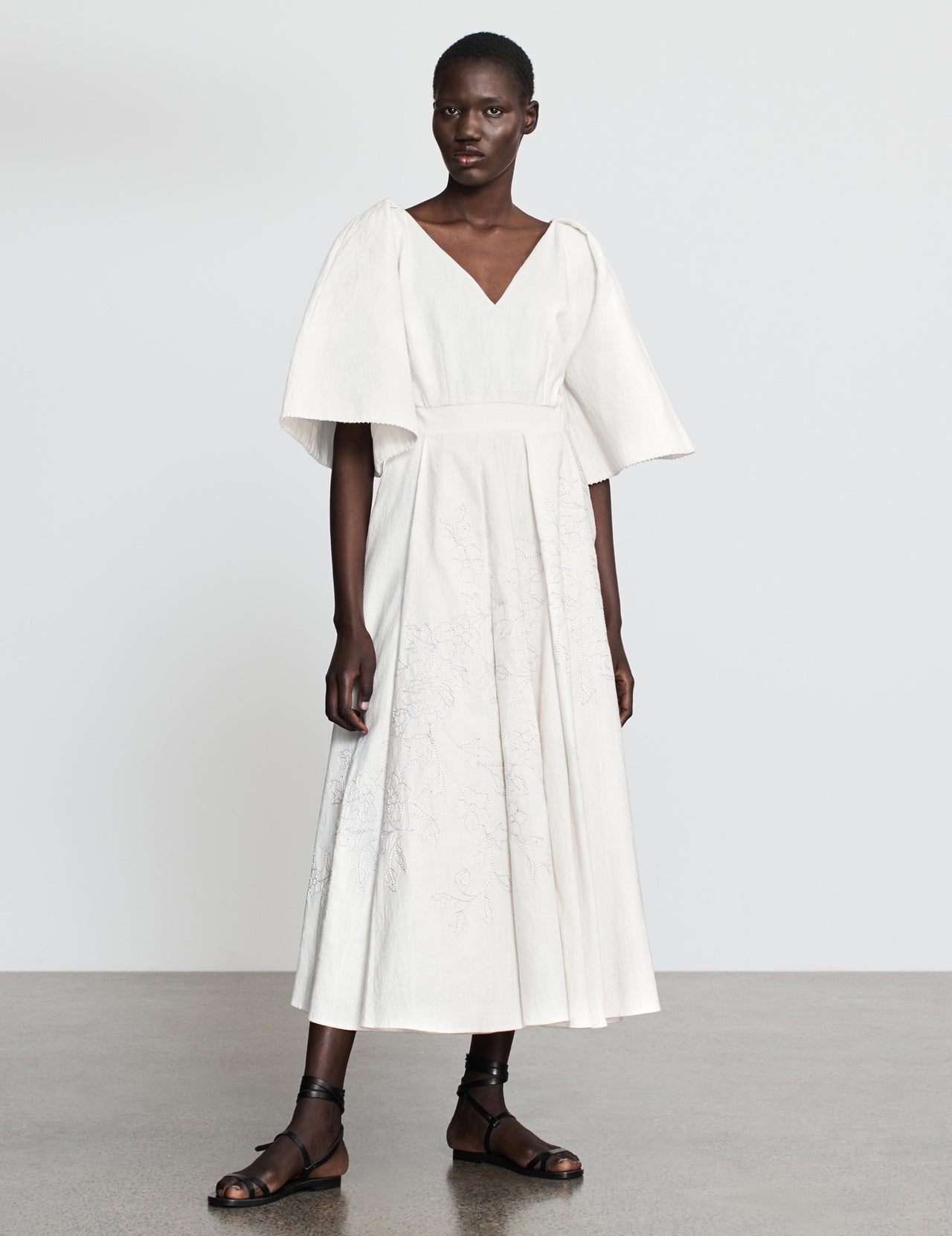  Off White Khadi Cotton Bell Sleeve Embellished Dress | Varana 
