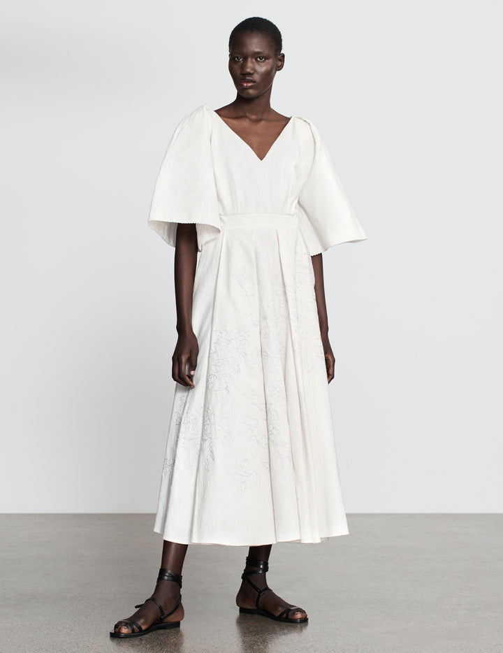 Off White Khadi Cotton Bell Sleeve Embellished Dress